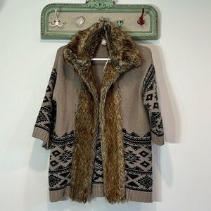 Love 21 Aztec faux fur cardigan sweater wool tan small women’s boho chic